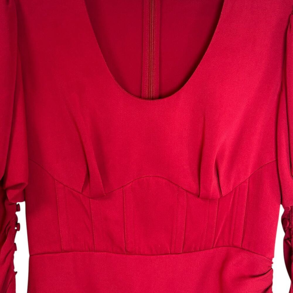 SELF-PORTRAIT, Crepe Midi Dress Puff Sleeve Side-Split Stretch Red SZ 0 US, 4 UK - Picture 10 of 14